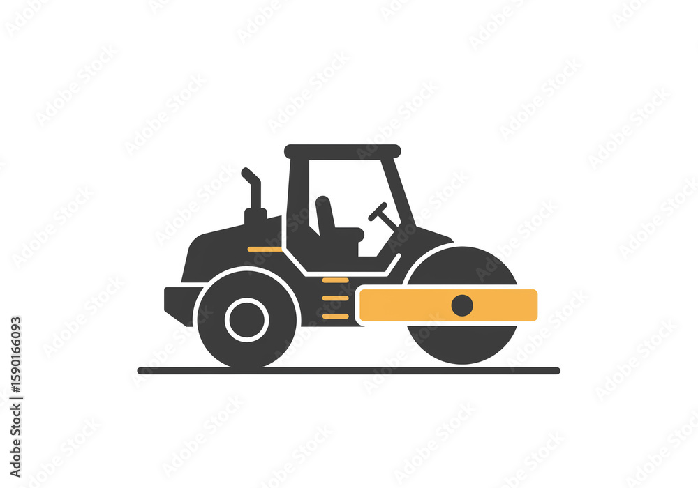 Fototapeta premium Vector Road Roller – Black and Yellow Icon of Construction Machinery in Profile