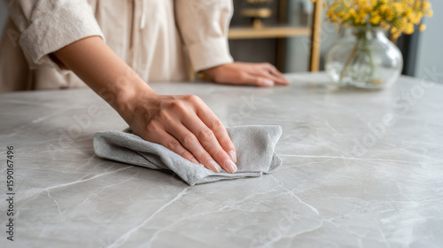 Close-up of a woman drying a dish with paper towel on marble kitchen surface