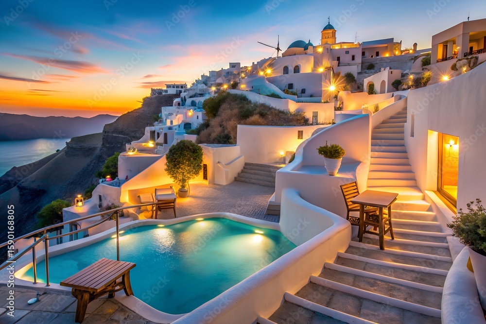 Fototapeta premium Sunset Over Santorini White Village Pool