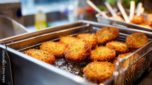 Deep fryer filled with crispy patties, with kitchen tools visible in the background.