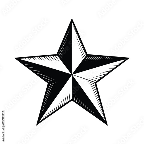 Black and white five pointed star shape with hatching detail isolated on white background silhouette