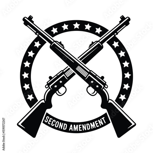 Two crossed shotguns with stars and text isolated on white background silhouette