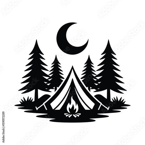 Camping scene with tent campfire trees and crescent moon silhouette isolated on white background