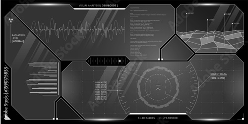 Virtual cockpit interface with AI radar, scanning grid and sci fi panels. Transparent HUD displays futuristic dashboard for cyberpunk spaceship control or VR system design.