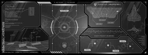 Advanced HUD interface shows AI radar, robot system scans and holographic charts. Cyberpunk display blends tech layout with cockpit view and virtual game dashboard design.