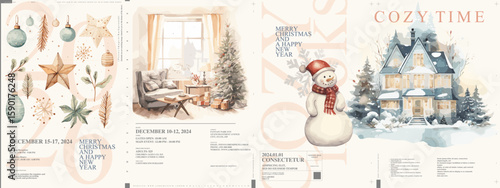 Watercolor Christmas posters featuring festive ornaments, cozy interiors, and a cheerful snowman for 2026. Ideal for winter cards, seasonal promotions, or home decor.