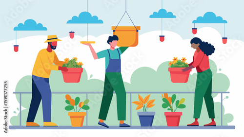 A team of landscapers hanging a variety of colorful hanging baskets and vertical planters along the edges of the rooftop adding a touch of whimsy to. Vector illustration