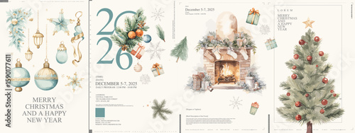 Festive watercolor posters with elegant ornaments, Christmas tree, fireplace, and New Year decor for 2026. Ideal for holiday cards, invitations, or seasonal displays.
