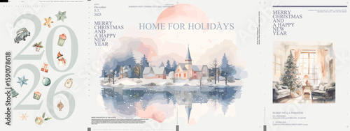 A soft watercolor poster set with holiday symbols, snowy village, and cozy home interior, themed around 2026. Great for greeting cards, seasonal ads, or winter decor.