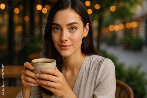 A close-up portrait of a young woman model seated at a wooden café table outdoors