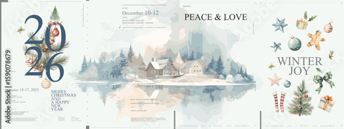 A tranquil watercolor poster set with soft festive elements, quiet winter cottages, and decorative motifs for 2026. Ideal for cards, backgrounds, or peaceful holiday visuals.