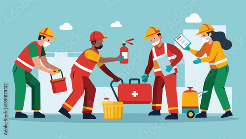 A team of workers quickly gathering necessary safety equipment such as first aid kits and fire extinguishers during a drill.. Vector illustration
