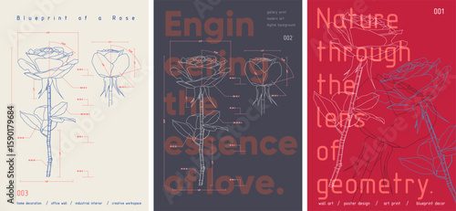 Vector blueprint posters of a rose, blending botanical elegance with technical precision. A unique fusion of nature and geometry, perfect for decor and design lovers.