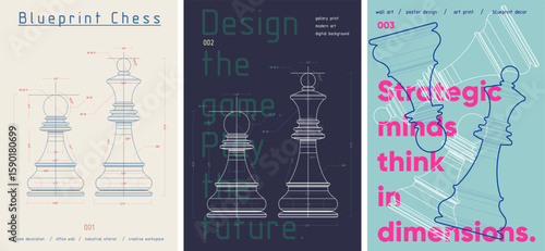 Minimal vector blueprint posters featuring chess pieces with technical precision and creative layout. Ideal for modern interiors, strategy lovers, or educational design.