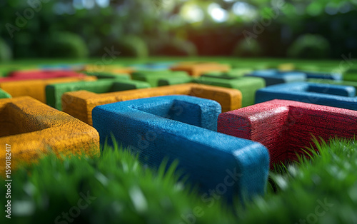 Playground maze with bold letters and grass. Colorful learning design for kids’ fun zones.