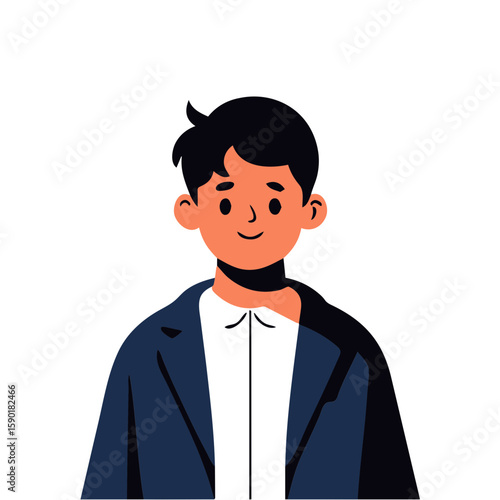 Illustrated young man with a cheerful smile wears a jacket and shirt, a friendly and approachable character design.