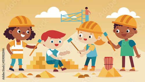 A group of children using sticks and rocks to create their own mini construction site inspired by the real one they see before them.. Vector illustration