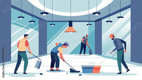 A team of electricians installing recessed floor lighting in a modern newly constructed mall creating a stunning visual effect for shoppers.. Vector illustration
