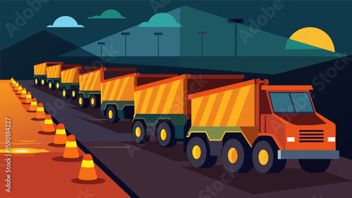 A line of dump trucks lined up on a construction site their taillights glowing as they wait to be loaded with debris.. Vector illustration