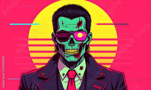 Retro Zombie in Suit: Synthwave Art with Sunglasses and Sunset Background