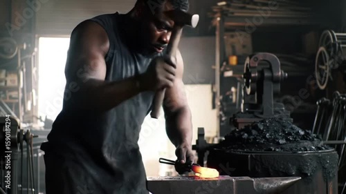 Skilled Blacksmith Forging Hot Metal on an Anvil in a Traditional Workshop