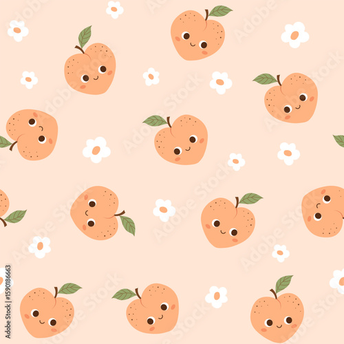 Cute peach seamless pattern in kawaii style,vector illustration.