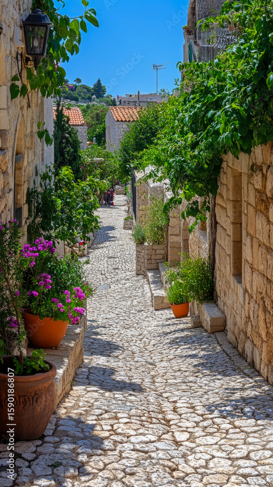 Naklejka premium Charming Sun-Drenched Cobblestone Alleyway in a Historic Mediterranean Village, an Idyllic Summer Travel Concept