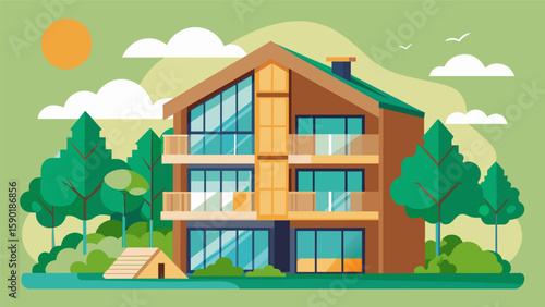 A residential building constructed with sustainablysourced timber reducing carbon footprint and promoting ecofriendliness.. Vector illustration