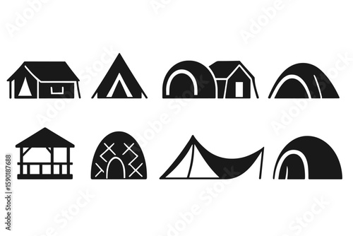 Camping silhouette icon set. tents, nature, outdoor adventure silhouettes