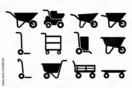 Gardening and transportation silhouette icon set. wheelbarrow, cart, trolley icons