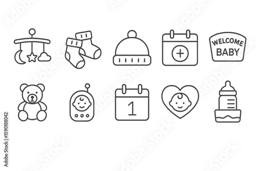 Baby essentials line icon set. nursery, parenting, infant care outline collection
