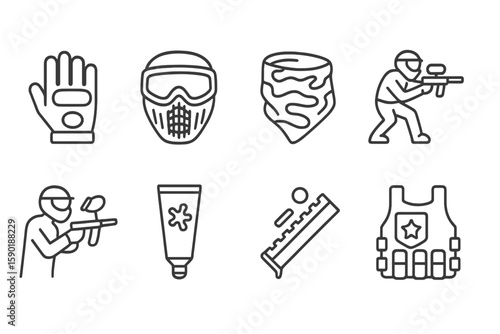 Paintball and adventure linear icon set. equipment, action, sports line collection