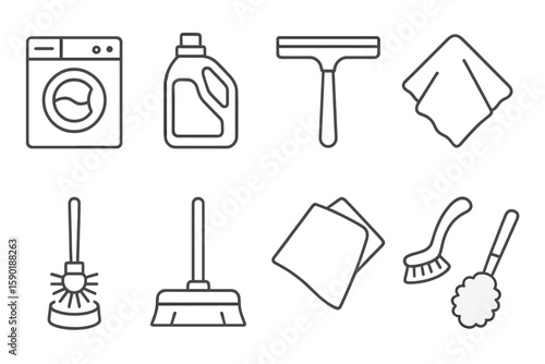 Cleaning tools outline icon set. essential housekeeping, laundry icons collection