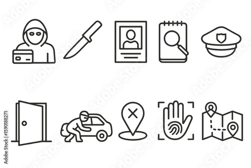 Crime and safety icon set: essential enforcement outline style symbols