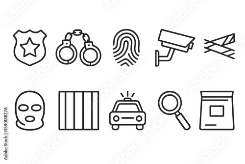 Security and crime icon set. outline icons of surveillance, police, and investigation