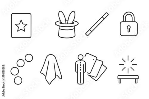 Magic tricks line icon set. illusion, wand, magician, hat, lock line collection