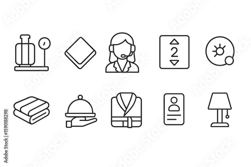 Hospitality and service line icon set. hotel amenities and management in outline style