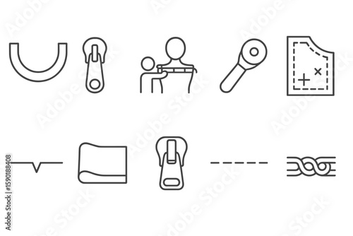 Sewing tools line icon set: patterns, needles, craft supplies linear collection