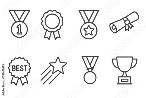 Awards and achievements line icon set. recognition, medals, trophies outline collection