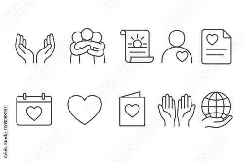 Charity, community line icon set. donation, volunteer symbols in line art style