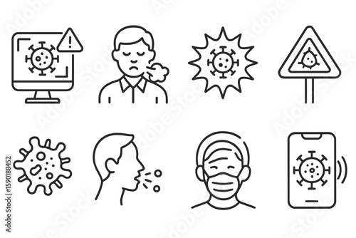 Pandemic, health safety line icon set. virus, mask, coughing symbols in outline style