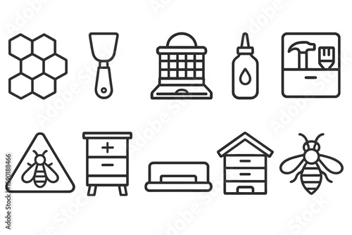 Beekeeping tools icon set. outline honey, hive, bee, wax, apiary, equipment icons