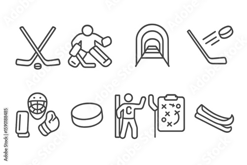 Hockey line icon set. ice sports equipment, player, and rink outline collection