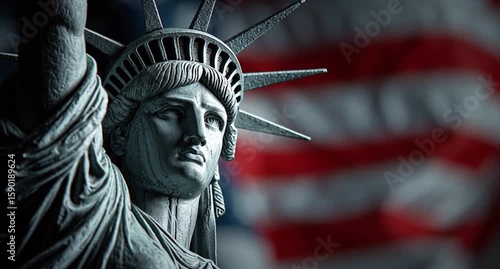 Close-up of the Statue of Liberty with an American flag in the background Generative AI