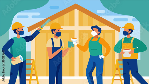A group of builders in masks and protective gear installing batt insulation in the walls of a new house to increase its energy efficiency.. Vector illustration