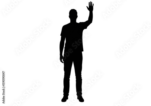 Waving Person Silhouette – Minimalist Black Vector of Human Figure with Raised Hand