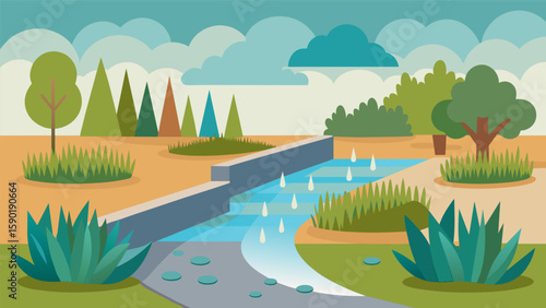 A rain garden installed to collect and filter stormwater runoff designed to look like a natural feature on the property.. Vector illustration