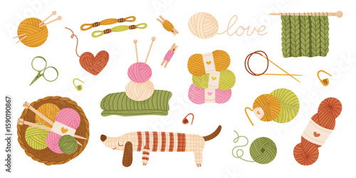 Cute cozy knitting set. Yarn balls, knitting needles, scissors, wool basket, handmade accessories and dog. Flat vector illustration for autumn, hobby or craft theme. Isolated on white.