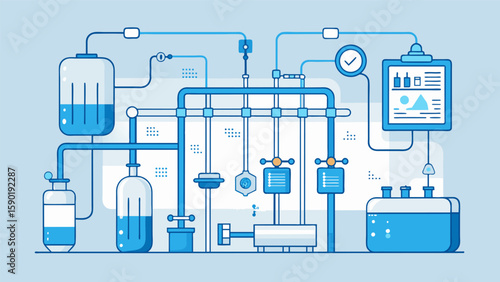 A detailed blueprint of the water purification system showing the flow of water and filtration process.. Vector illustration