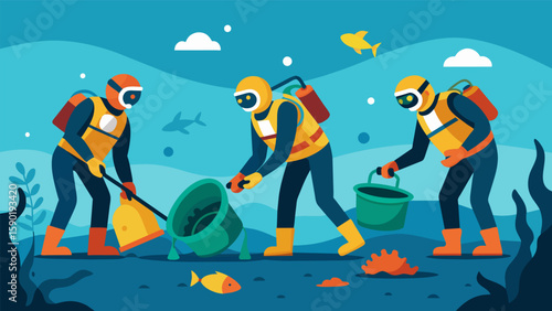 A group of divers working together to remove debris and trash from the ocean floor clearing the way for a new underwater ecotourism site.. Vector illustration